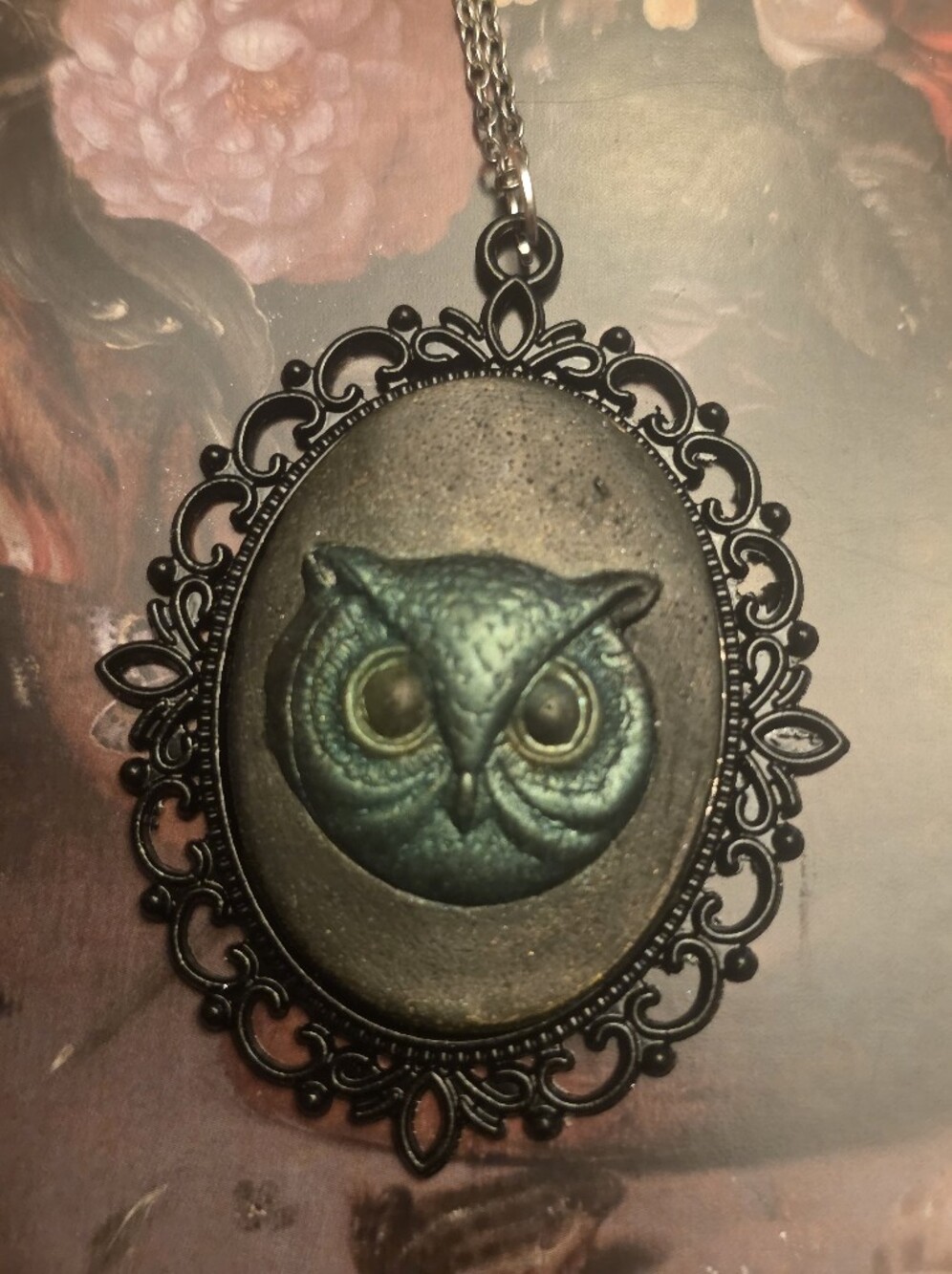 Green Colorful Owl Head Cameo On Bronze Background & Black Metal Frame Necklace